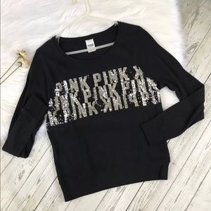 VS PINK Black Bling Sequins Logo Long Sleeve Top